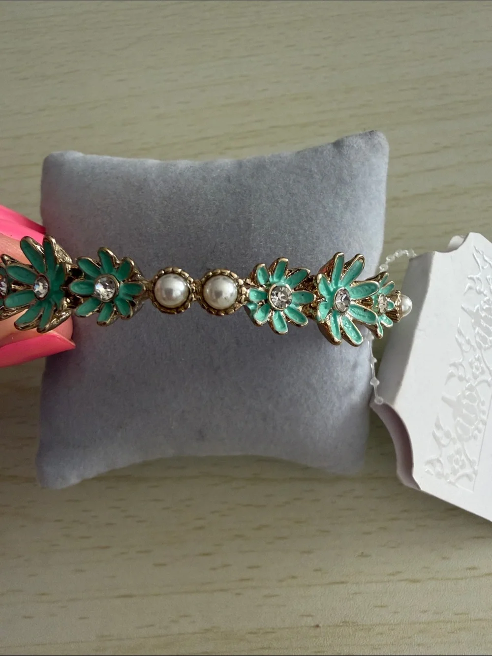 Floral Green Enamel and Pearl Bracelet - Women Jewelry